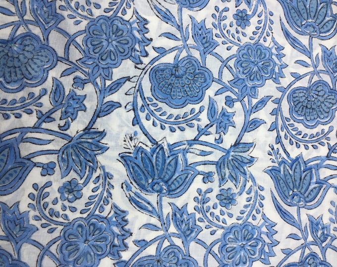 Indian block printed cotton voile, hand made. Porcelain blue Jaipur