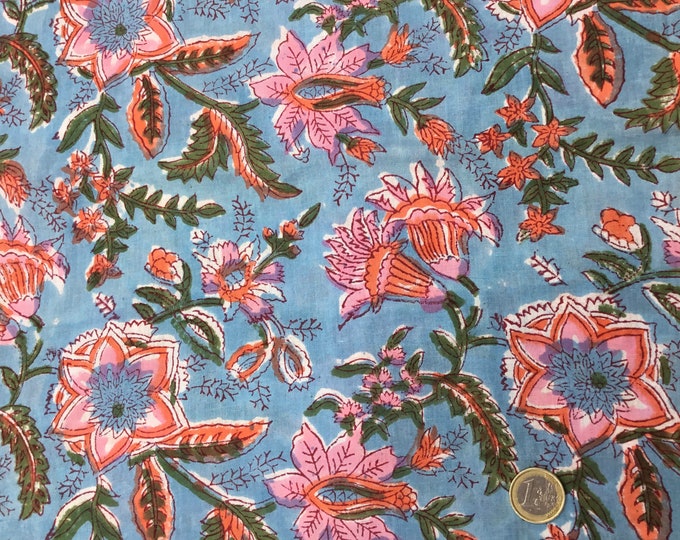 Indian block printed cotton muslin, hand made, star flowers on turquoise Jaipur blockprint