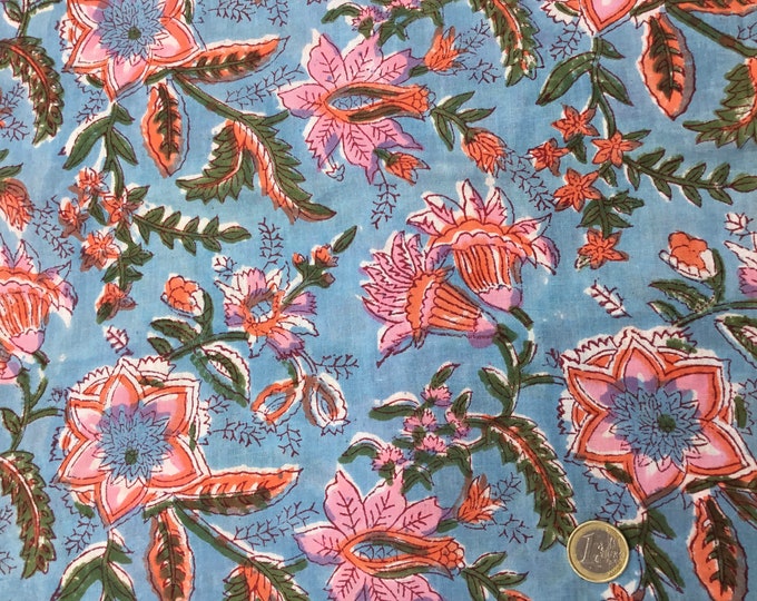Indian block printed cotton muslin, hand made, star flowers on turquoise Jaipur blockprint