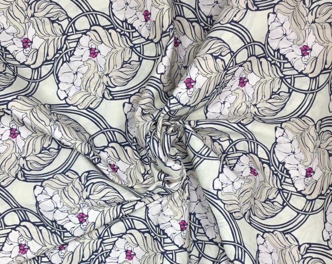 English Pima lawn cotton fabric, mint jugend style lily foliage, lilies