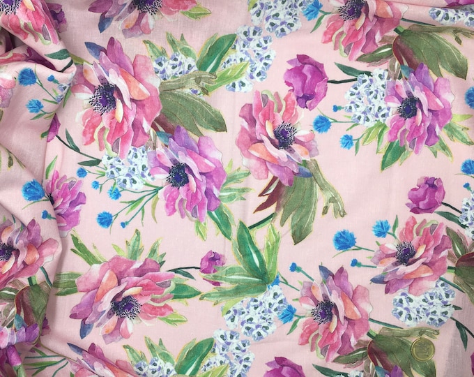 Linen/rayon fabric, 100% vegan, floral on pink