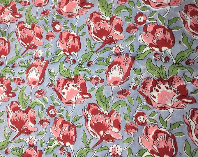 Indian block printed cotton muslin, hand made. Tulips on tempest grey Jaipur print