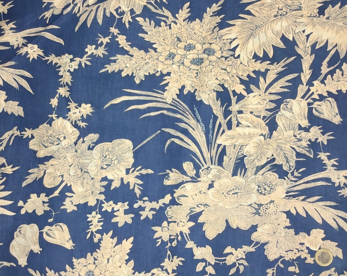 Indian block printed cotton muslin or cotton voile. Versailles storm blue