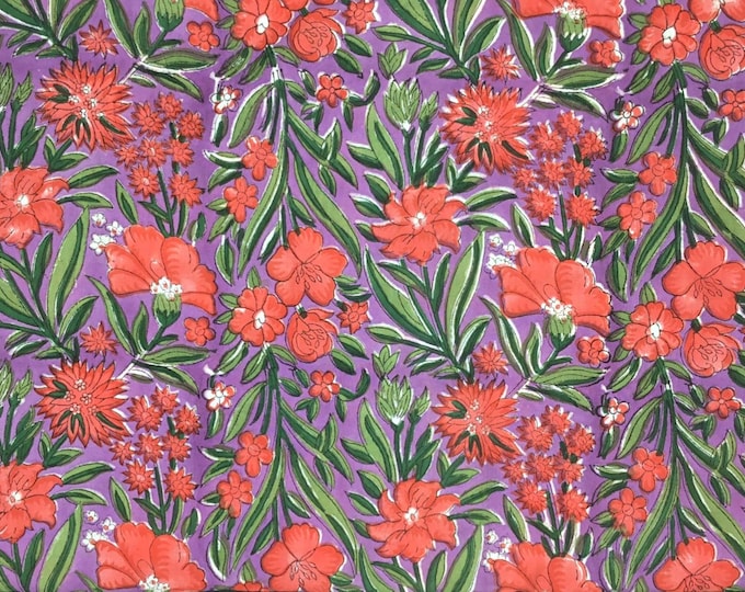 Indian block printed, block print of blockprint cotton Jaipur, flowers on lilac