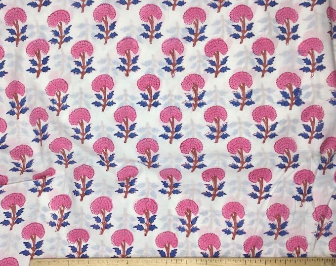 Indian block printed cotton muslin or blockprint cotton voile, hand made. Pink thistle Jaipur blockprint