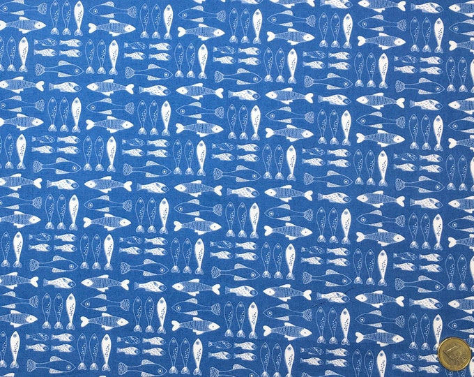 High quality cotton poplin, white and blue fish print