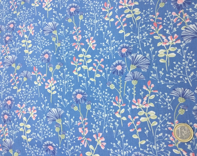 English Pima lawn cotton fabric, floral on sky blue