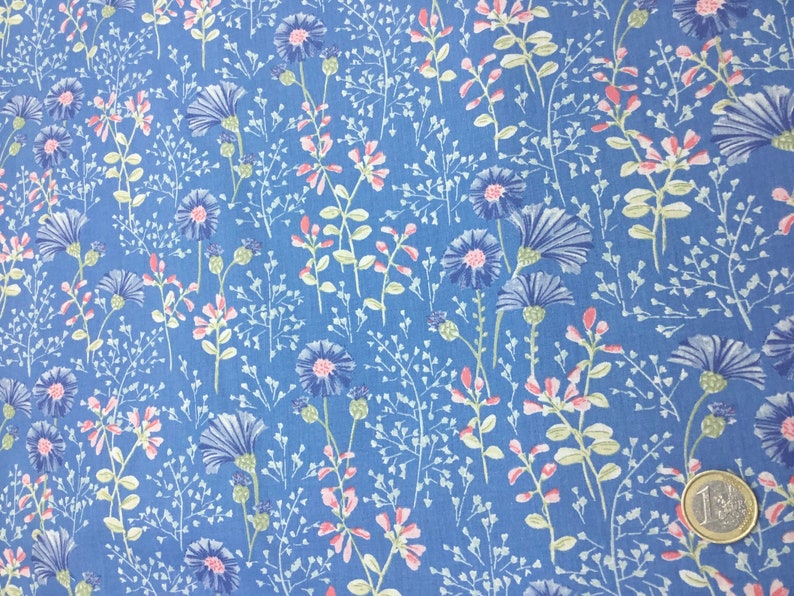 English Pima lawn cotton fabric, floral on sky blue image 1