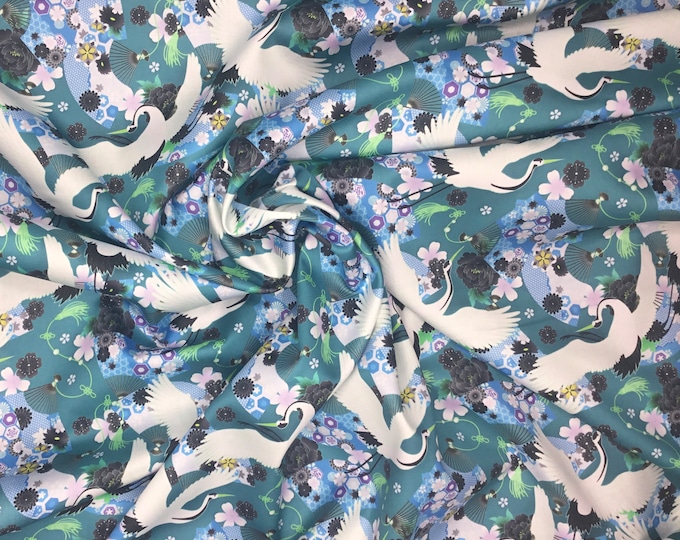 High quality cotton sateen or cotton satin, cranes print on blue