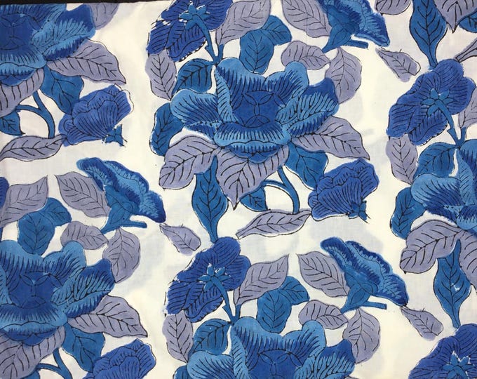 Indian block printed, block print of blockprint cotton Jaipur, blue indian floral on white