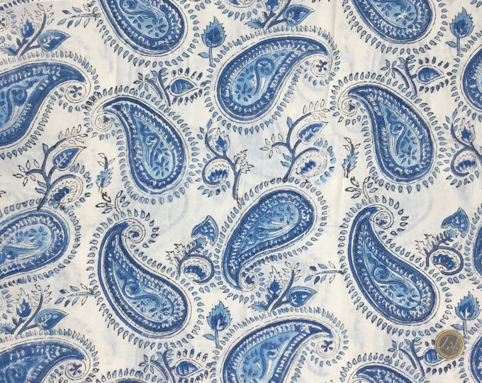 Indian block printed cotton muslin, hand made. Baby blue paisley Jaipur print