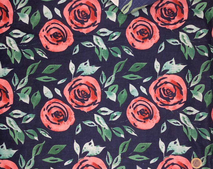 Indian cotton muslin or cotton voile, Roses on navy Jaipur