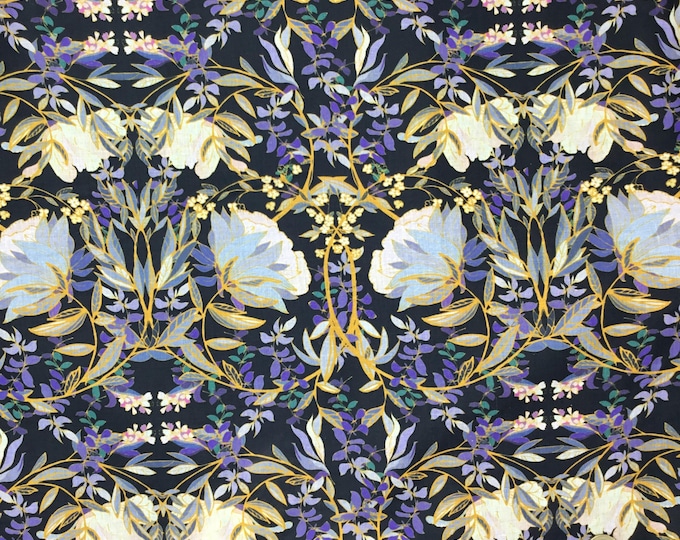 English Pima lawn cotton fabric, jugend style lily foliage, blue lilies on black