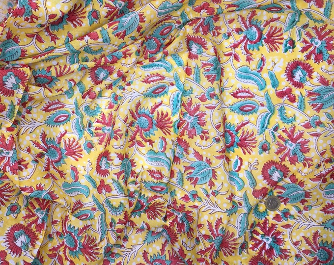 Indian block printed cotton voile, hand made. Yellow Jaipur