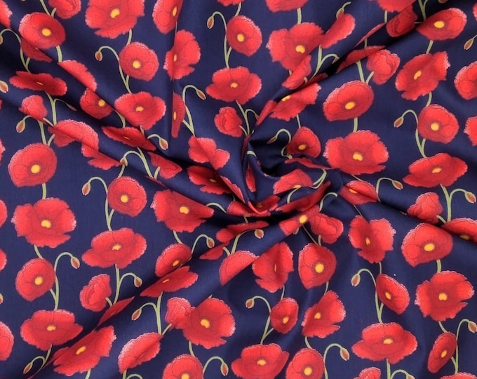 High quality cotton poplin, poppies on navy