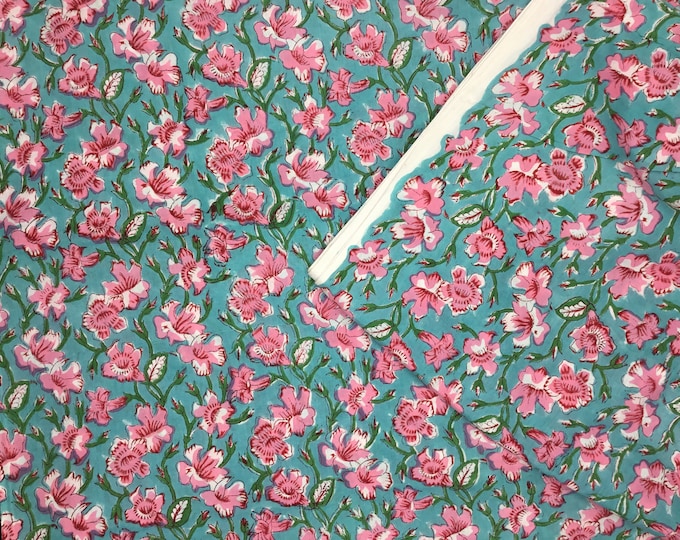 Indian block printed cotton muslin, hand made. Soft green floral