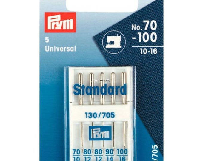 5 standard sewing needles, size 70/10 to 100/16