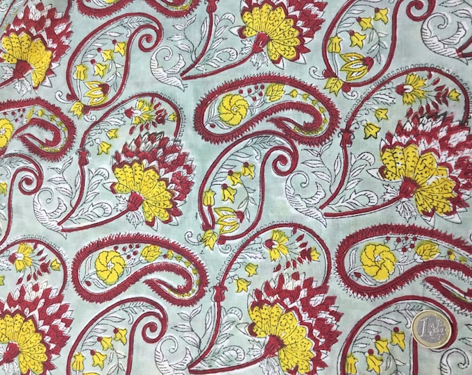 Indian block printed cotton muslin, hand made. Grey paisley Jaipur print