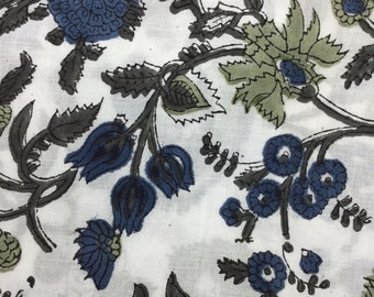 Tissu voile de coton imprimé à la main en Inde. Jaipur bleu minuit