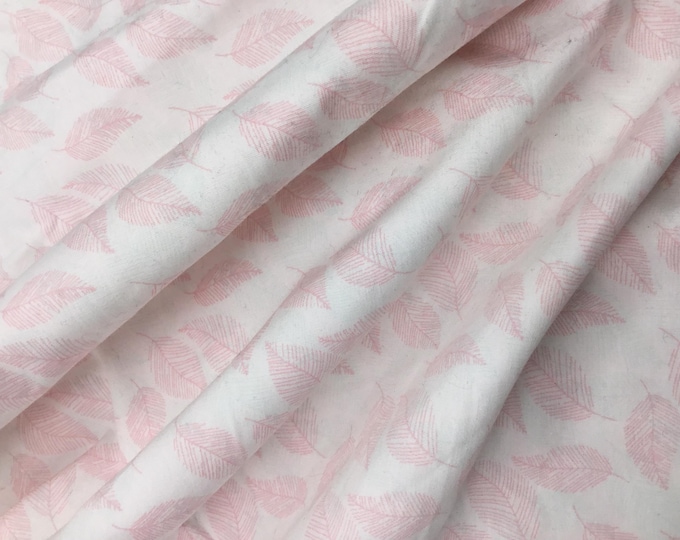 High quality cotton poplin, pink leaf print on off white