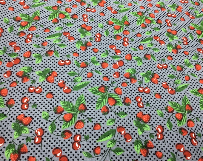 High quality cotton poplin. Strawberries and cherries on grey