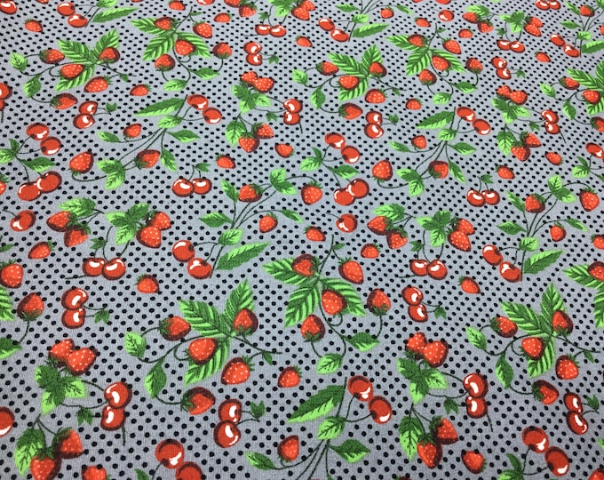 High quality cotton poplin. Strawberries and cherries on grey