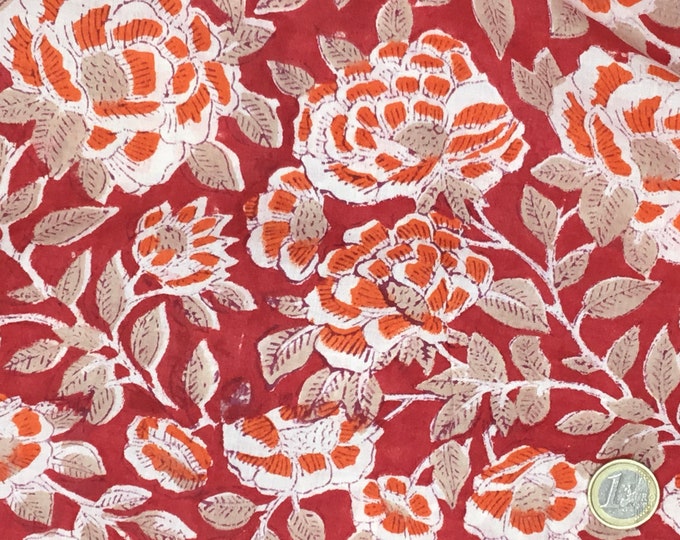 Indian block printed cotton muslin, hand made. Orange English Garden Jaipur print