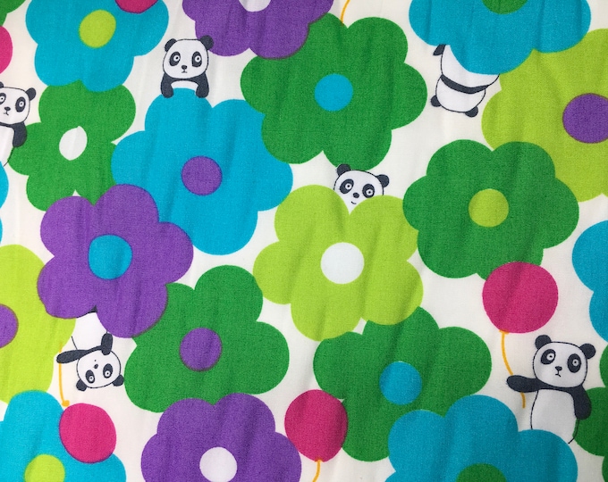 Cotton poplin with floral and panda kawaii print on off white