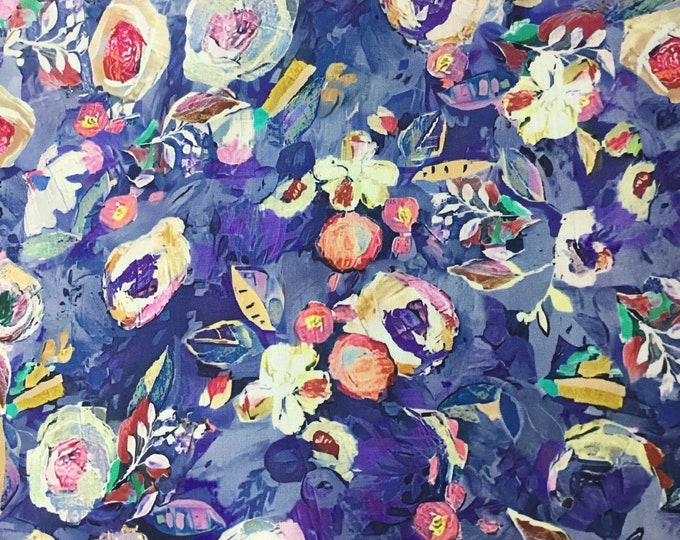 Oekotex certified cotton poplin, digital Impressionism floral print on indigo blue