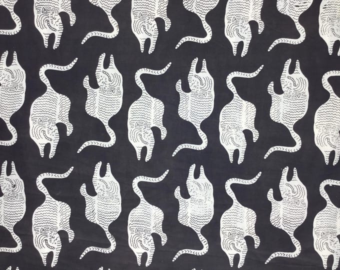Indian block printed cotton voile, hand made. Jaipur tigers on black