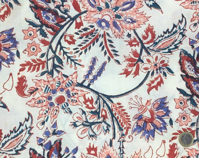 Indian block printed cotton muslin, hand made. Peach Floral foliage Jaipur print