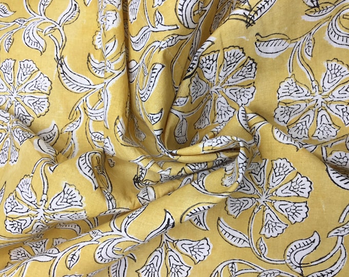 Indian block printed cotton voile, hand made. Jaipur white flowers on mustard