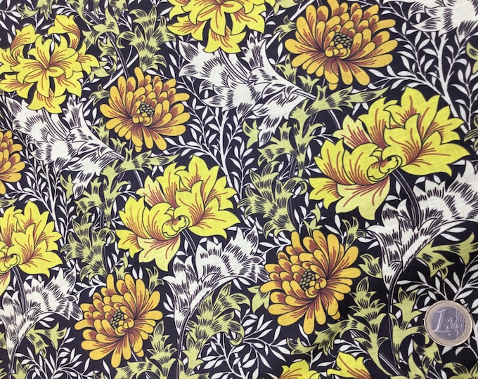 English Pima lawn cotton fabric, autumn daisies on black