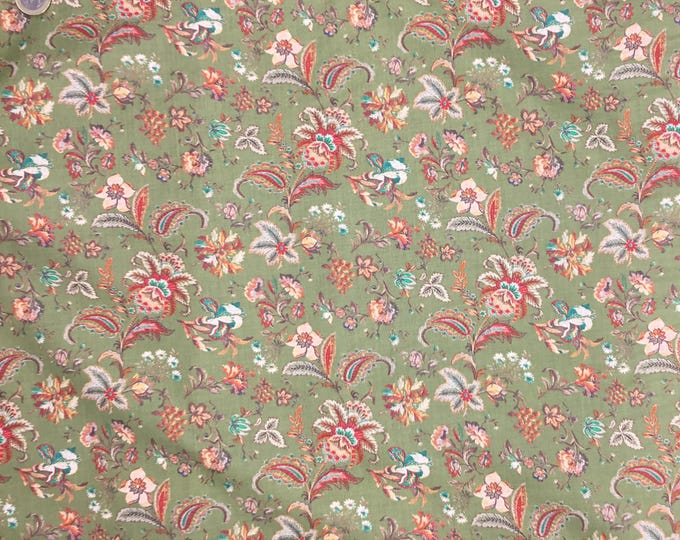 English Pima lawn cotton fabric, English flowers on moss green