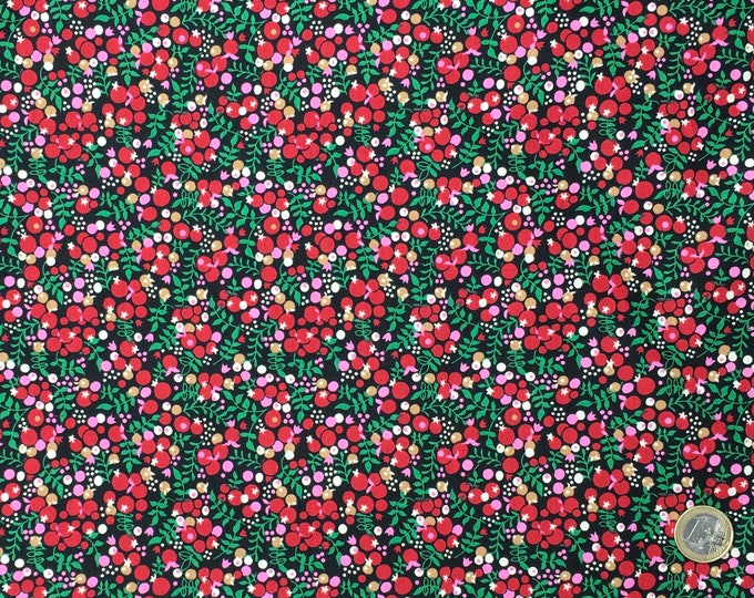 English Pima lawn cotton fabric, priced per 25cm. Berries on black