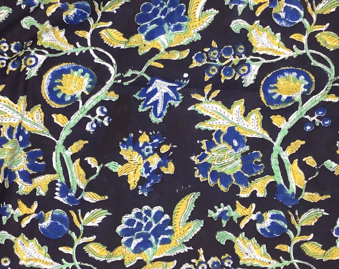 Indian block printed cotton muslin, hand made. Floral on black Jaipur print