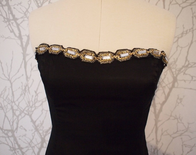 Black ribbon embroidered with Swarovski-style beads and crystals, sold in 25cm lengths