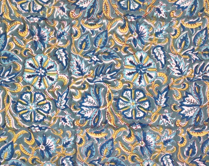 Indian block printed, block print of blockprint cotton Jaipur turquoise floral print