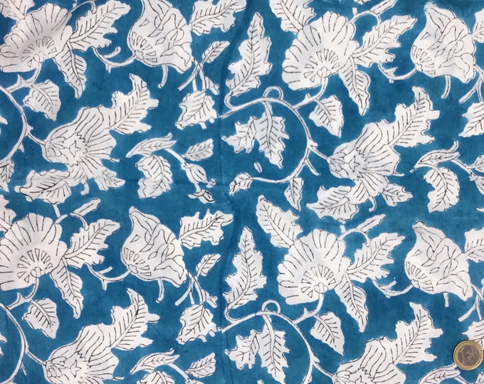 Indian block printed cotton muslin, hand made. Lagoon, Jaipur block print