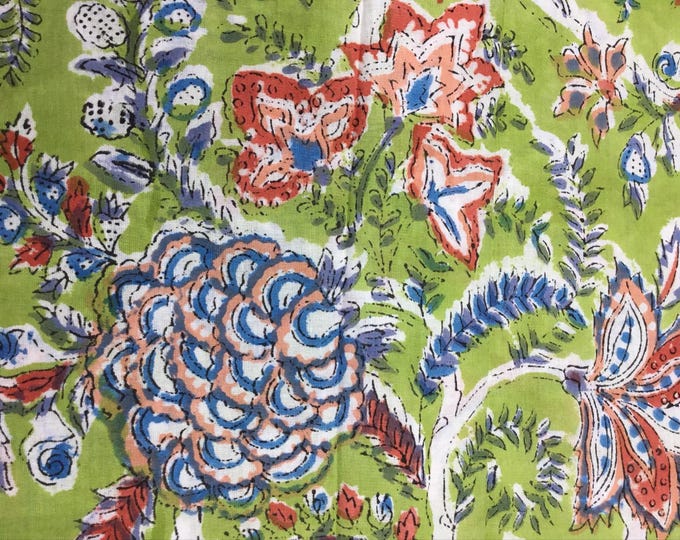 Indian block printed, block print of blockprint cotton Jaipur, indian floral on green