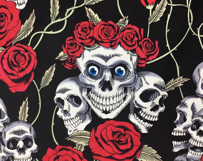 Cotton poplin with skeletons, skulls and roses