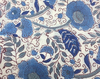 Tissu voile de coton imprimé à la main en Inde. Jaipur azul