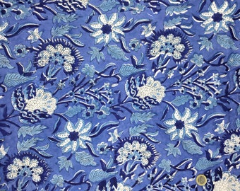 Tissu voile de coton imprimé à la main en Inde. Jaipur bleu doux