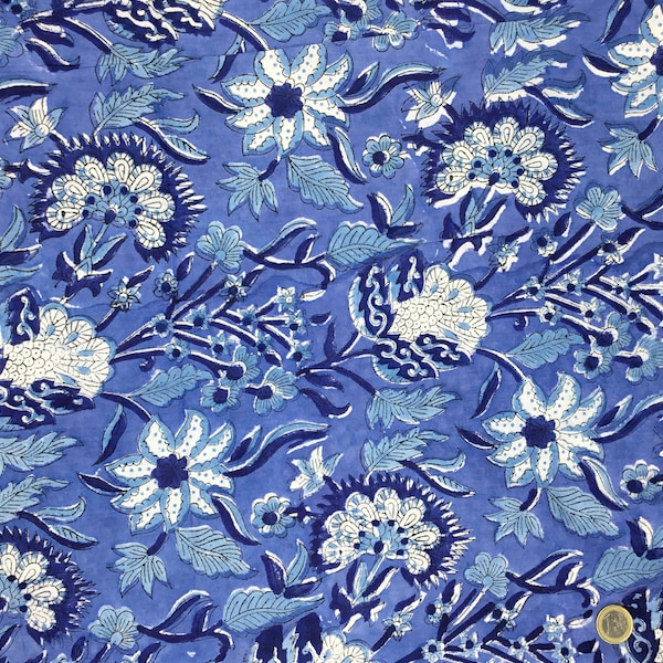 Tissu voile de coton imprimé à la main en Inde. Jaipur bleu doux