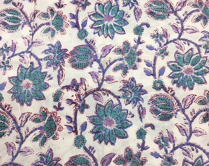 Indian block printed cotton muslin, hand made, lilac Floral foliage Jaipur print