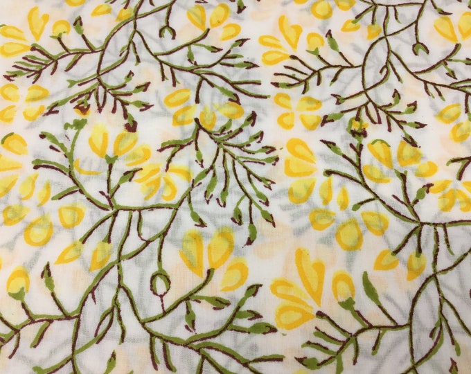 Indian block printed cotton voile, hand made. Yelllow foliage Jaipur