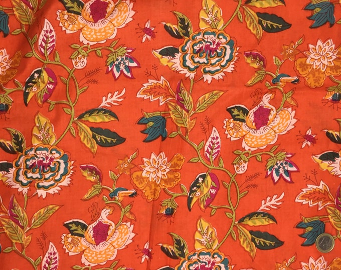 Indian block printed cotton muslin, hand made. Floral foliage Jaipur print