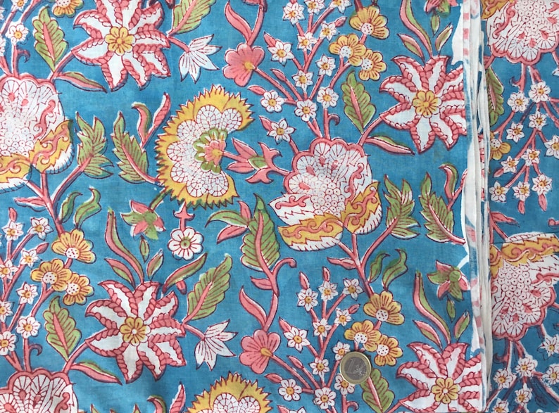 Tissu voile de coton imprimé à la main en Inde. Jaipur Bleu canard image 3