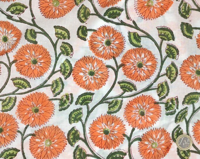 Indian block printed cotton muslin, hand made. Orange Jaipur blockprint