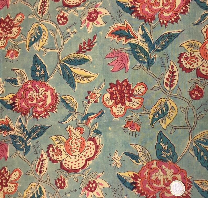 Katoenen voile-stof, handgedrukt in India. Jaipur zachtgroen afbeelding 2